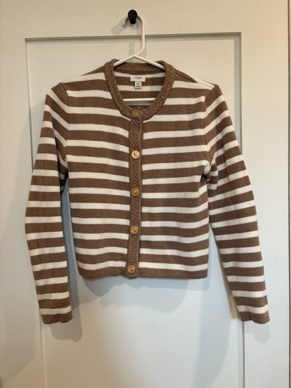 J. Crew Cream and Brown Striped Braided-Trim Cardigan